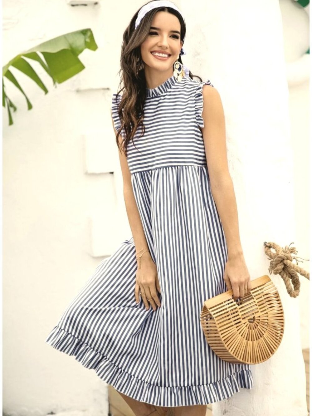 Knox Rose Blue Striped Ruffle Empire Waist Midi Dress Size 1XL Summer Wedding
